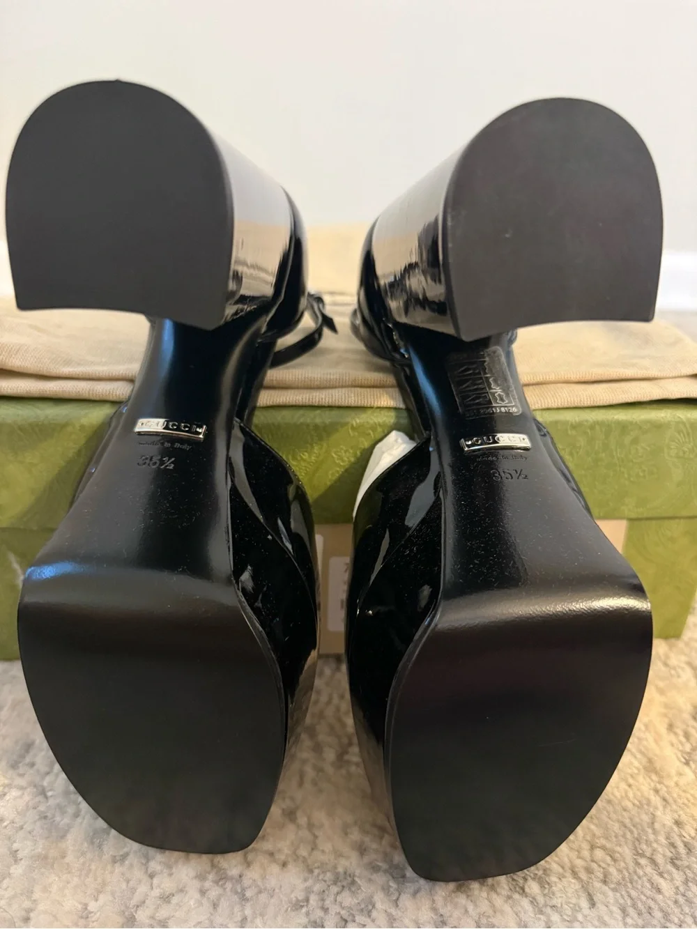 Gucci Black Patent Platform Heels with Crystal Double G